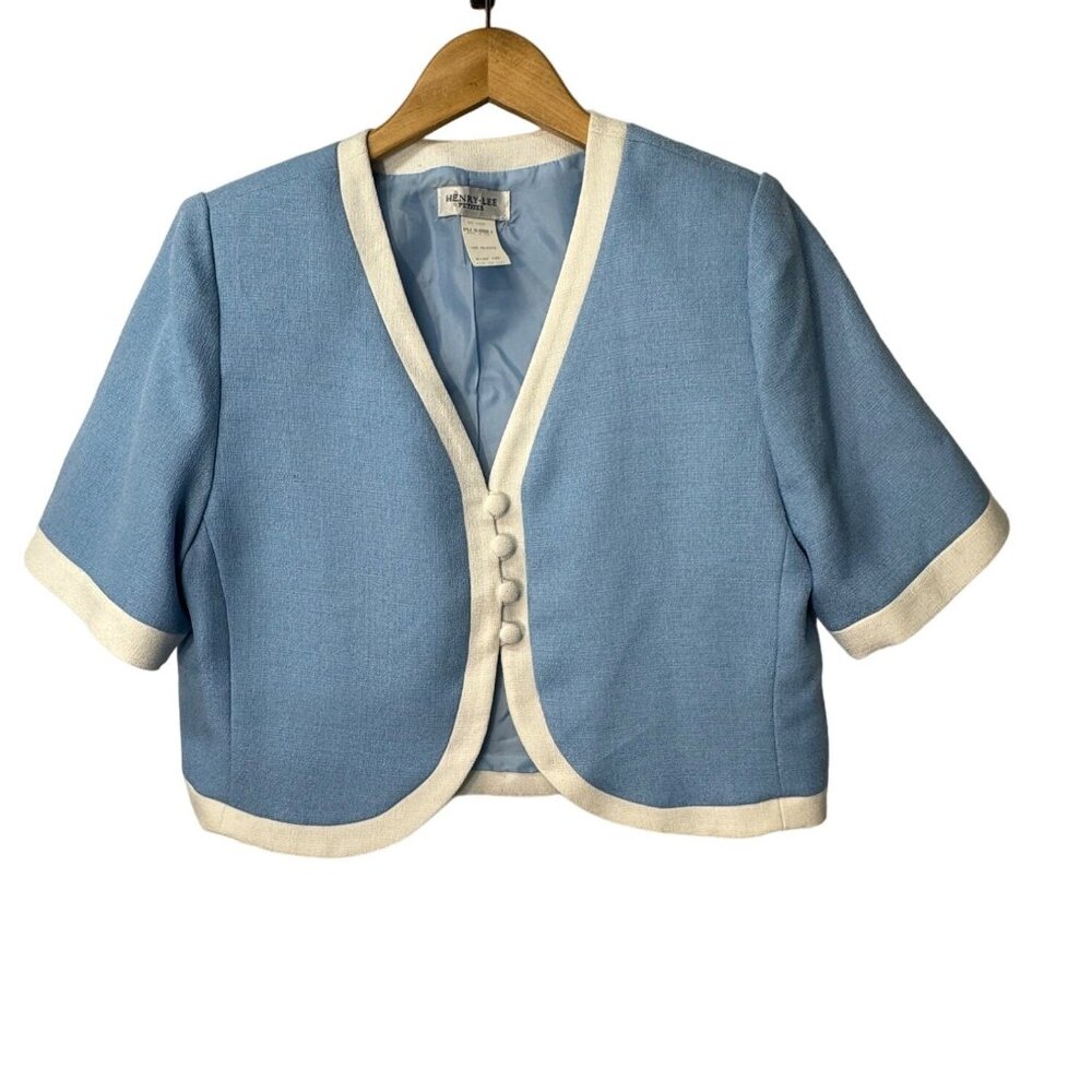 Henry-Lee, baby blue cropped Blazer Jacket with white trim Cloth Covered Buttons